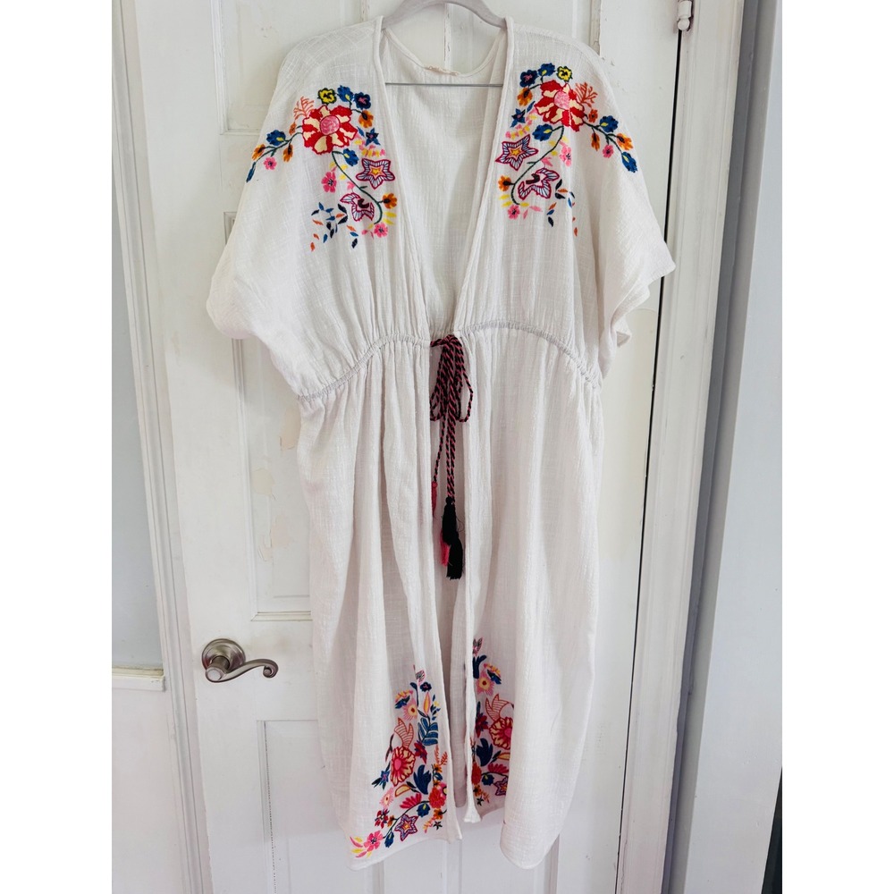 Oddi‎ White Cotton Gauze Floral Embroidered Kimono Midi Coverup Tassel  One Size - Picture 2 of 10